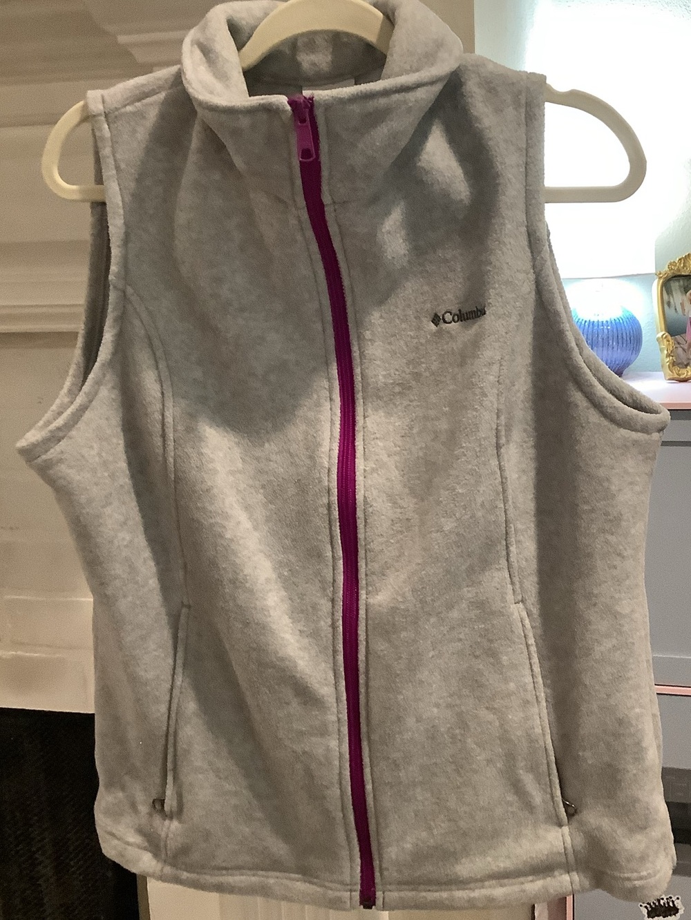 Columbia Light Gray Fleece Vest with Purple Zipper